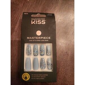 KISS Nails Masterpiece Luxe Mani Glue, Long Coffin Blue Silver Gems